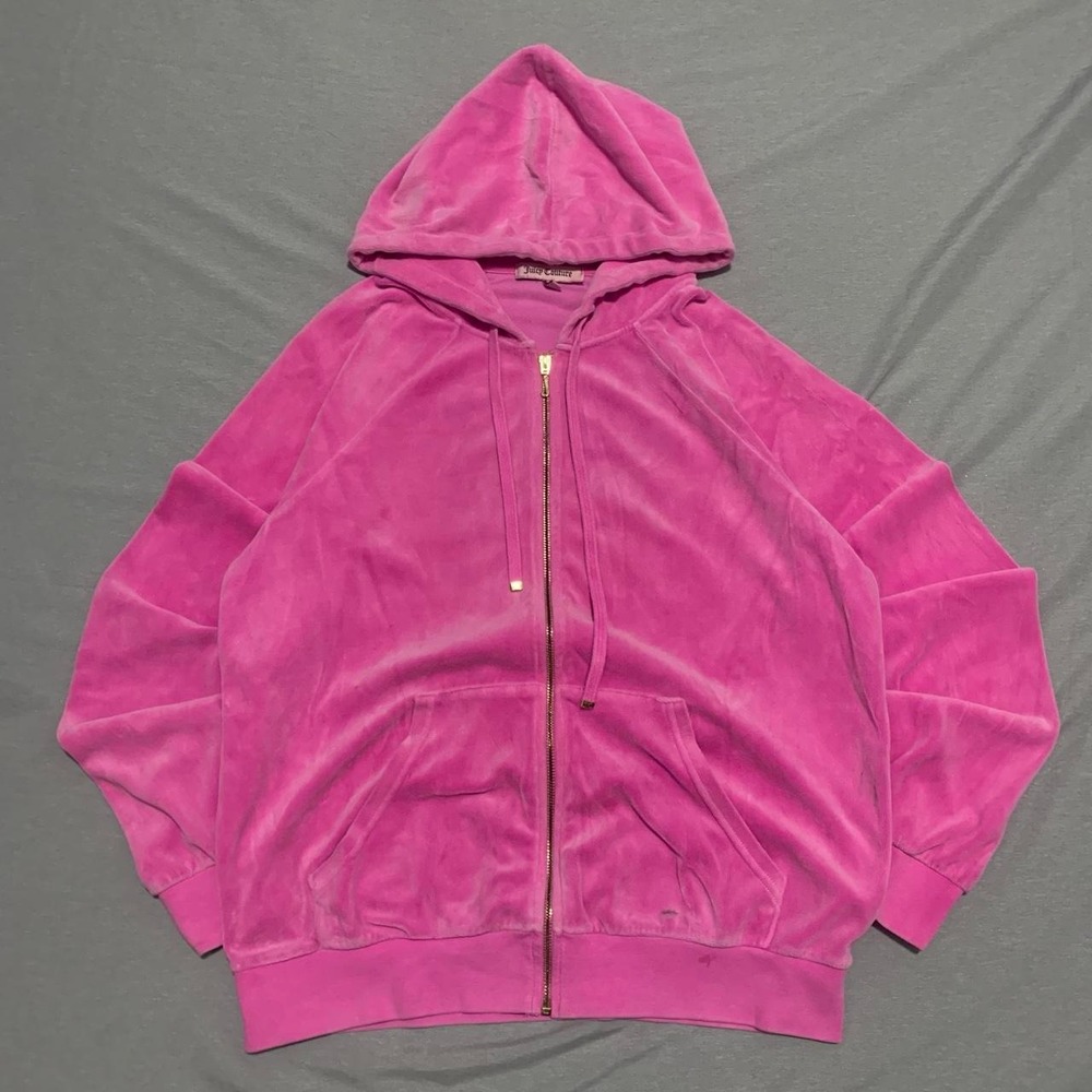 Juicy Couture Pink Velour Zip Up Hoodie Jacket Womens Large Y2K Tracksuit Pink